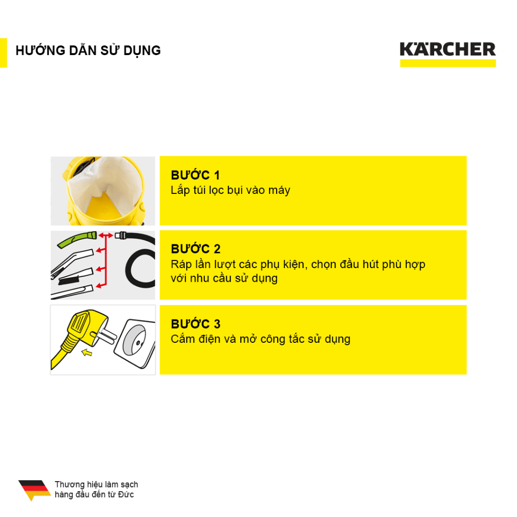 Mô tả Máy hút bụi đa năng khô và ướt Karcher WD 3 V Car - Công suất 1000W - Dùng cho gia đình và ô tô - 3