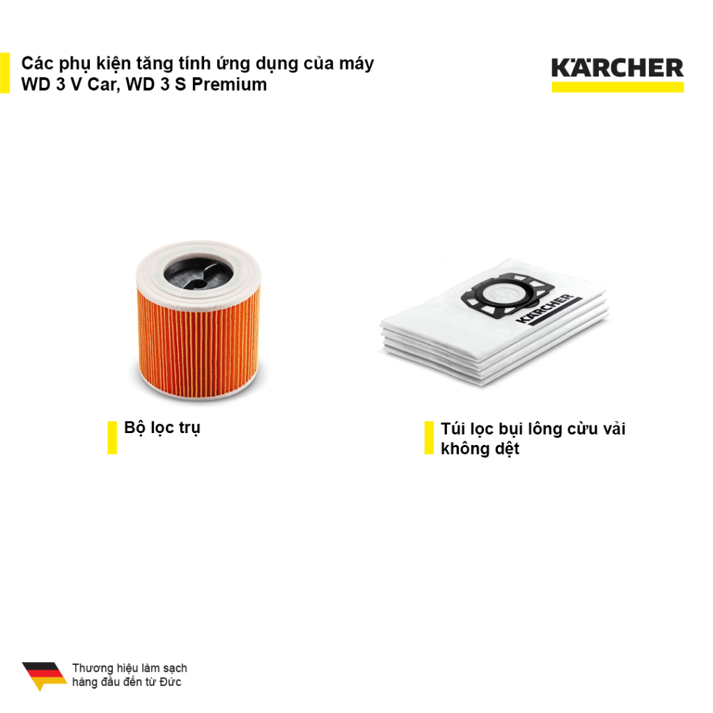Mô tả Máy hút bụi đa năng khô và ướt Karcher WD 3 V Car - Công suất 1000W - Dùng cho gia đình và ô tô - 6