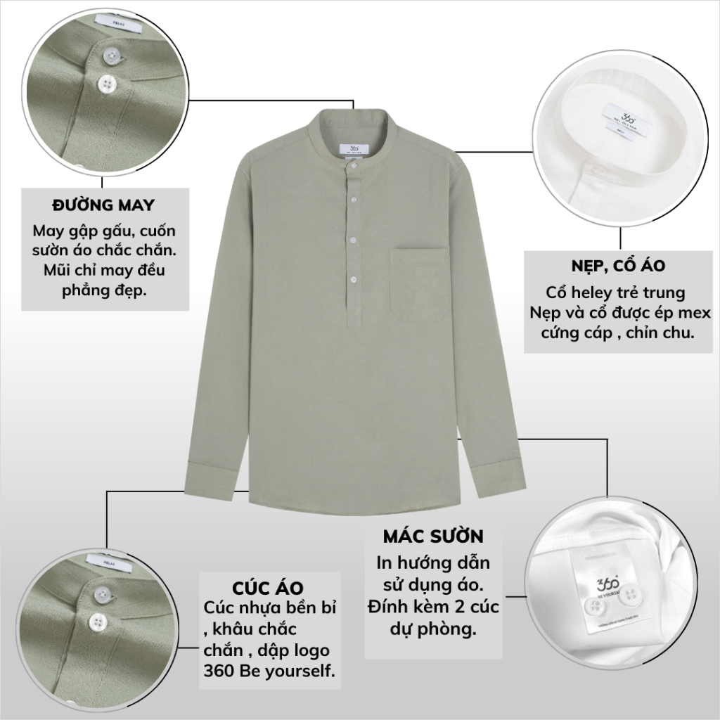Mô tả Áo sơ mi cổ tàu dài tay 360 Boutique sơ mi nam chất liệu đũi xước form relax - STNOL310 - 3