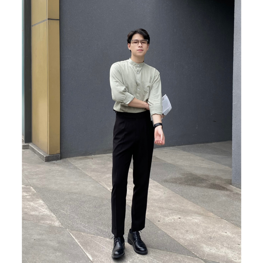 Mô tả Áo sơ mi cổ tàu dài tay 360 Boutique sơ mi nam chất liệu đũi xước form relax - STNOL310 - 5