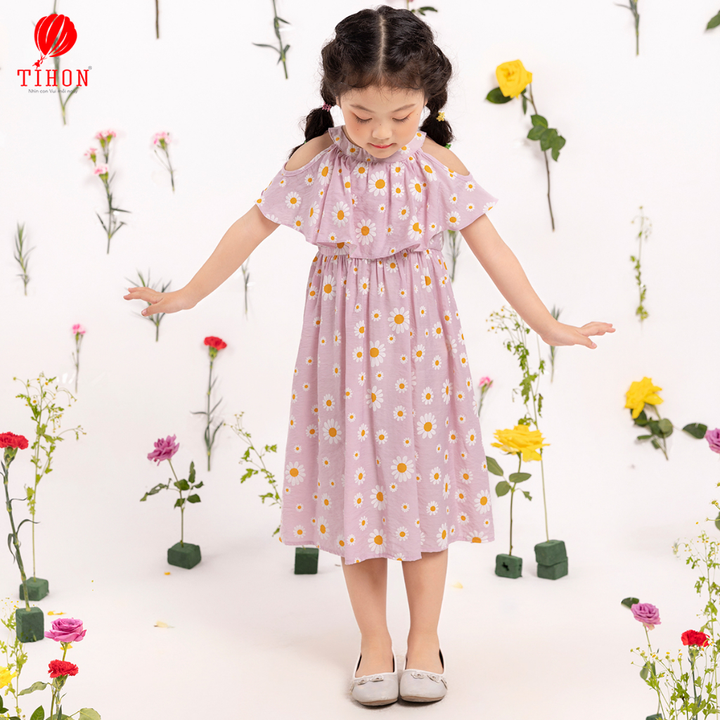 Váy bé gái TIHON hở vai màu hồng