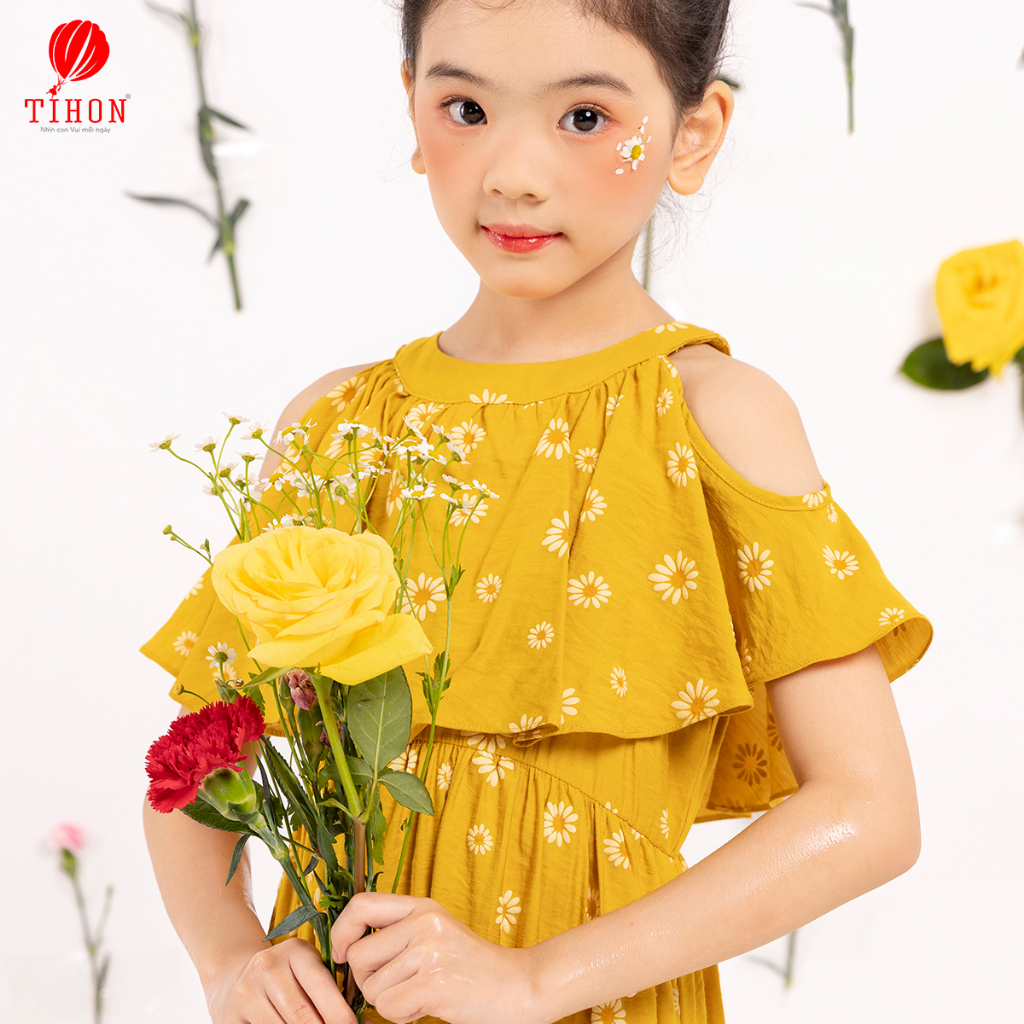 Váy bé gái TIHON hở vai màu xanh