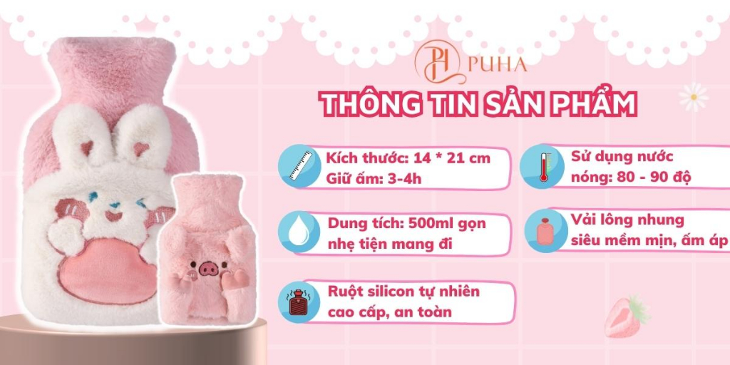 Mô tả Túi chờm bụng kinh PUHA 500ml, sưởi ấm nóng giảm đau cho bạn nữ, quà tặng bạn gái ngày dâu - 3