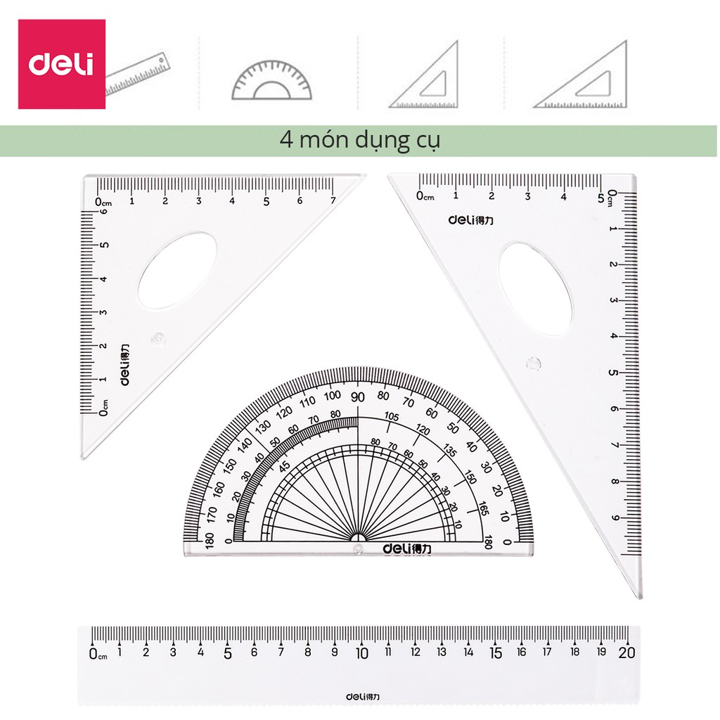 Mô tả Bộ thước kẻ, thước đo độ, eke Deli cho học sinh bộ dụng cụ học tập 4 chiếc Trong suốt, dễ nhìn và đo chính xác - 1