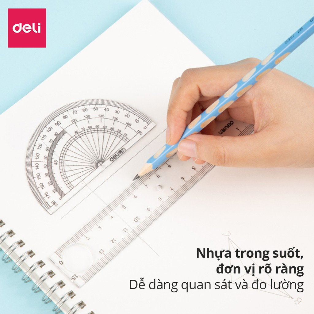 Mô tả Bộ thước kẻ, thước đo độ, eke Deli cho học sinh bộ dụng cụ học tập 4 chiếc Trong suốt, dễ nhìn và đo chính xác - 3