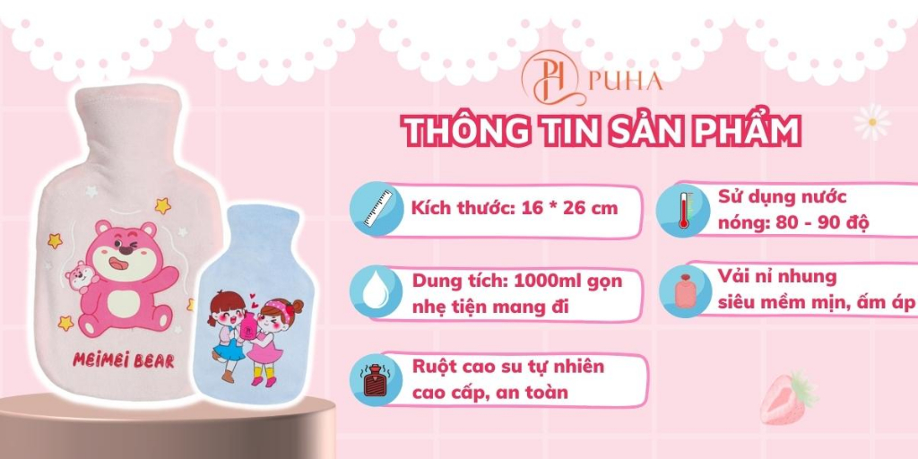 Mô tả Combo quà sinh tặng bạn gái gồm, túi chườm nóng sưởi ấm bụng kinh PUHA 1000ml kèm phụ kiện cute - 2