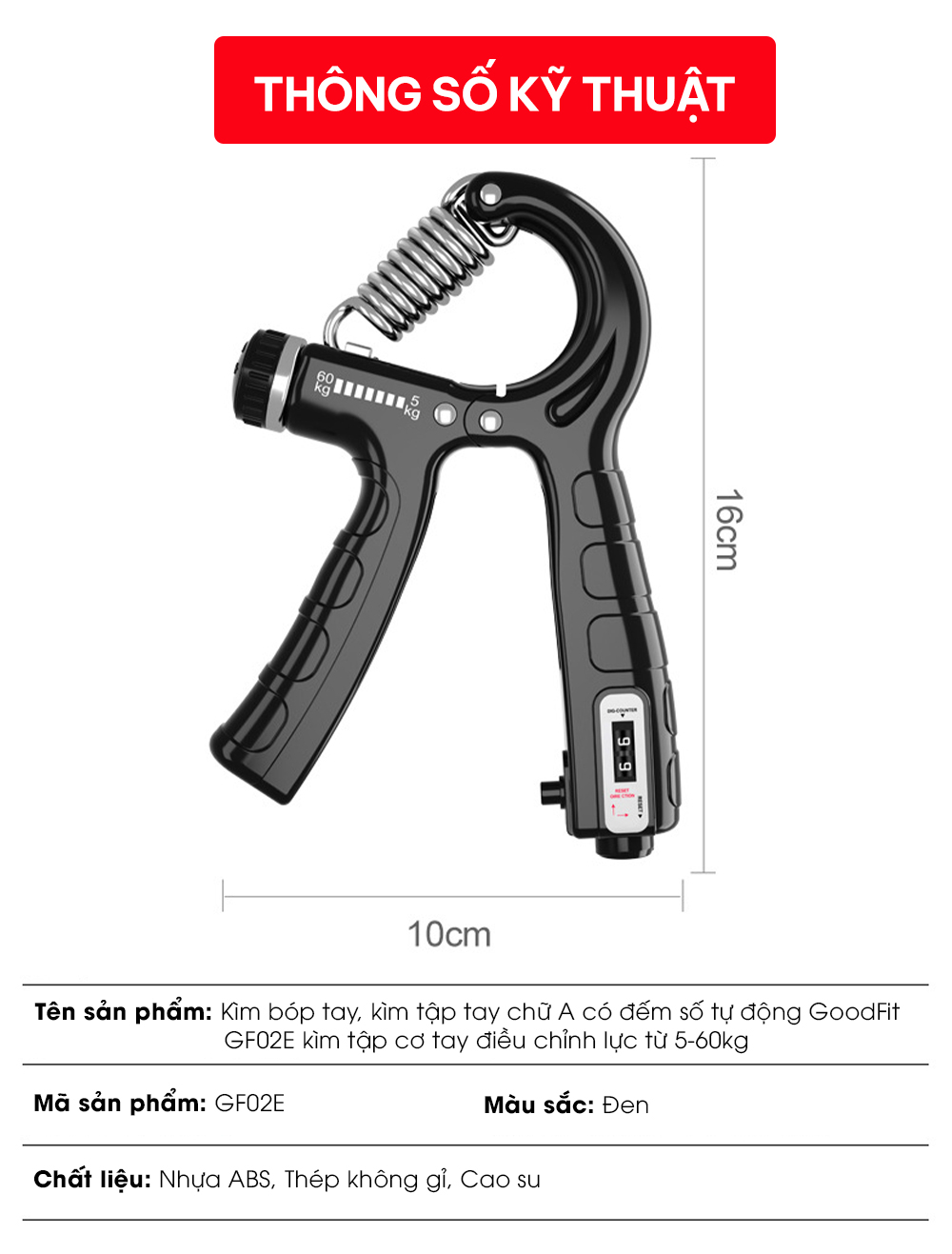 Mô tả Kìm bóp tay, kìm tập tay chữ A có đếm số tự động GoodFit GF02E kìm tập cơ tay điều chỉnh lực từ 5-60kg - 12