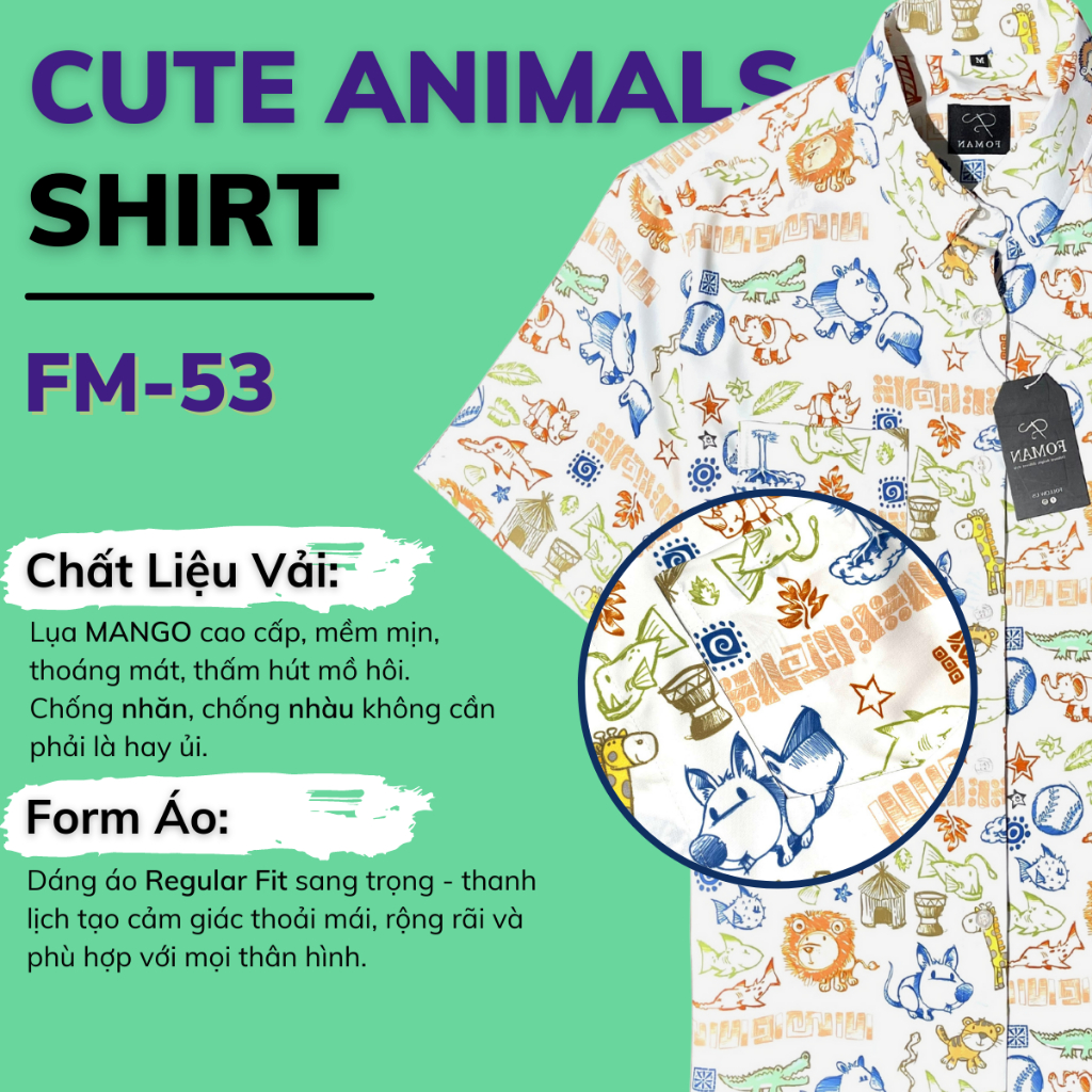 Mô tả Áo sơ mi Nam tay ngắn hoạ tiết Động Vật Cute Animals FOMAN chất vải Lụa, thấm hút, thoáng mát, không nhăn, nhàu | FM-53 - 1