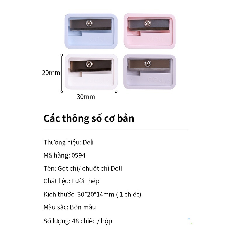 Mô tả Gọt bút chì mini Deli - Hồng, Cam, Xanh dương, Xanh lá - 1 cái màu ngẫu nhiên - Chất liệu ABS bền bỉ, lưỡi dao không ghỉ - 1