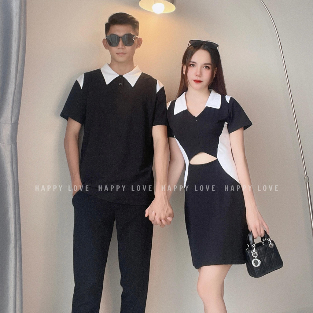 Đồ cặp set đồ đôi nam nữ áo váy couple màu đen phối trắng HAPPYLOVE ...