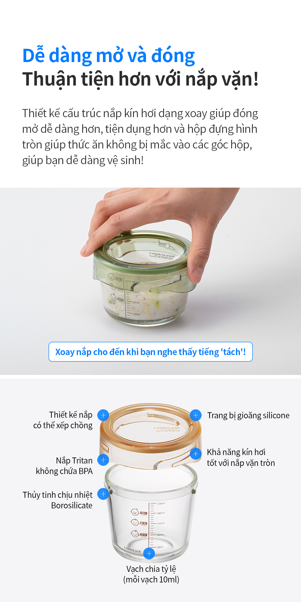 Mô tả Hộp thủy tinh đựng thức ăn dặm cho bé LocknLock có vạch chia 230ml LLG508S3 LLG509S3 280ml LLG542S3IVY LLG510S3 - K-MALL - 5