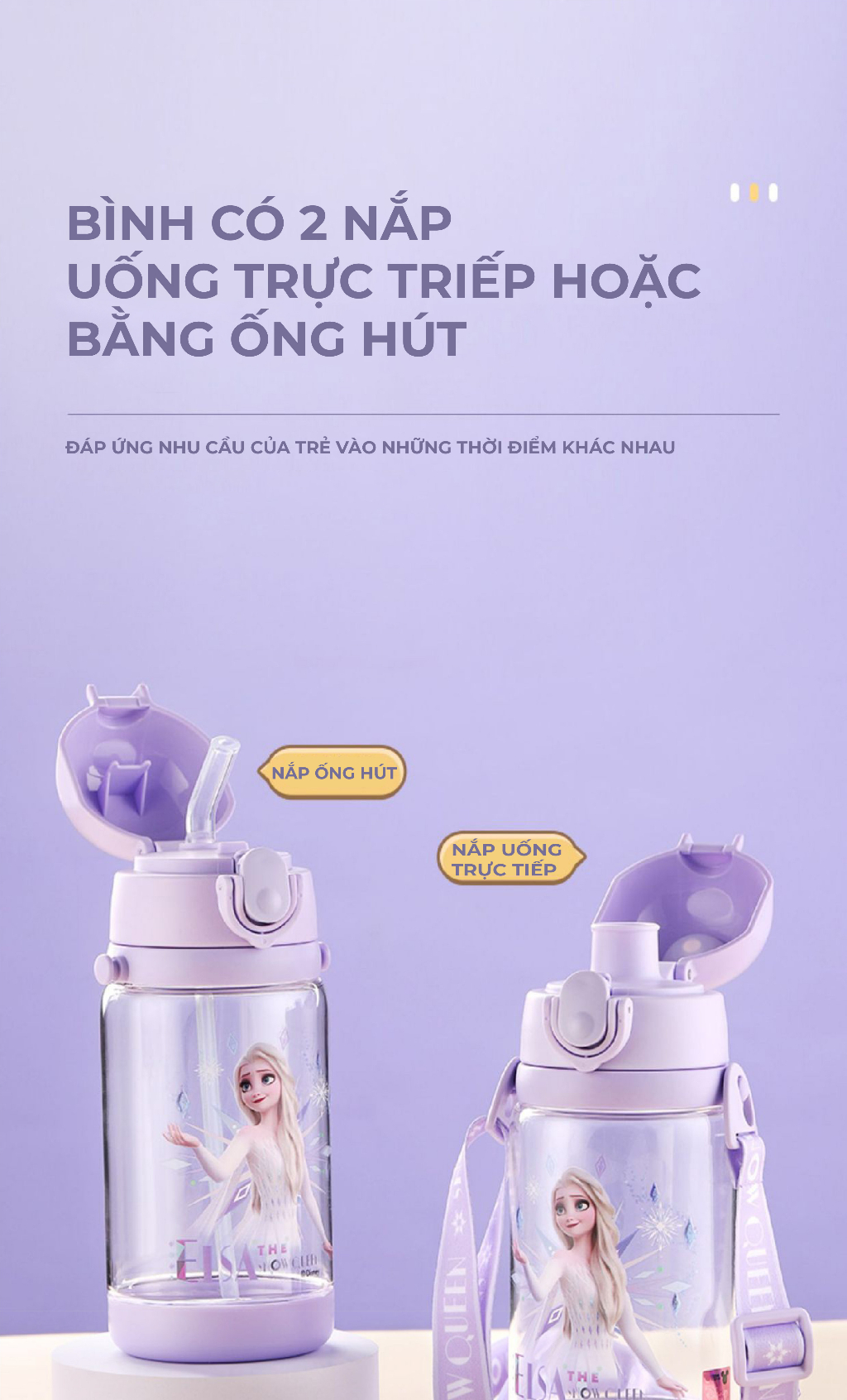 Mô tả Bình uống nước cho bé 1989KIDS chất liệu tritan an toàn cho bé,Bình nước siêu nhân elsa cho trẻ em 2 nắp tiện lợi - 2