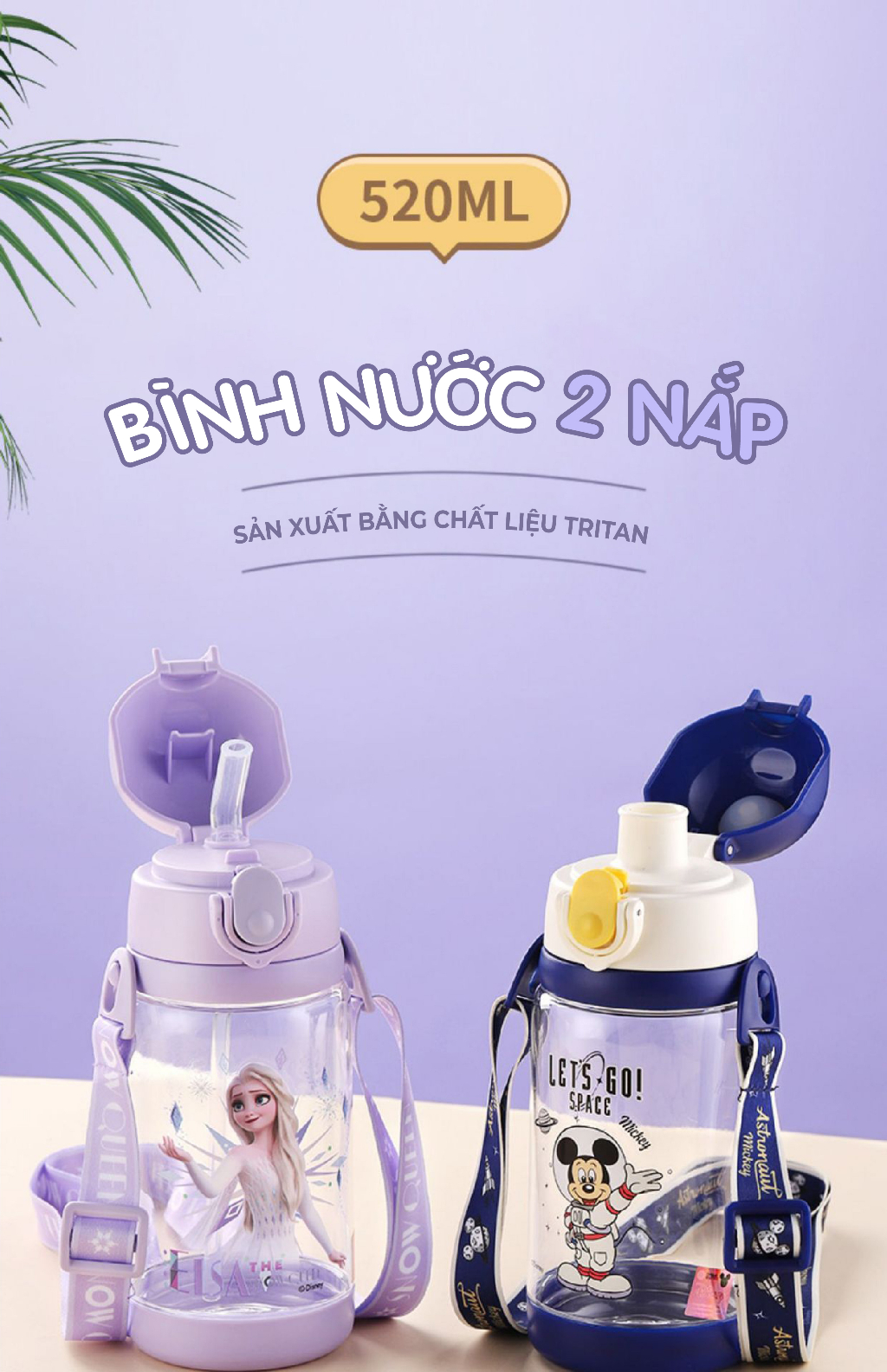 Mô tả Bình uống nước cho bé 1989KIDS chất liệu tritan an toàn cho bé,Bình nước siêu nhân elsa cho trẻ em 2 nắp tiện lợi - 1