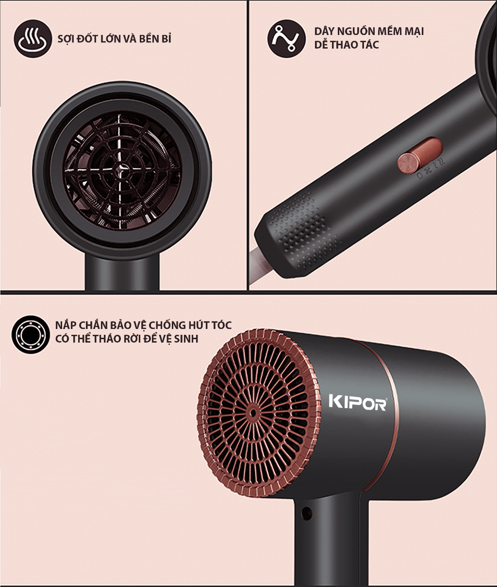 Mô tả Máy sấy tóc mini KIPOR 2 chiều nóng lạnh bổ xung ion, Công suất lớn, tạo kiểu tóc chuyên nghiệp - Hàng chính hãng - 12