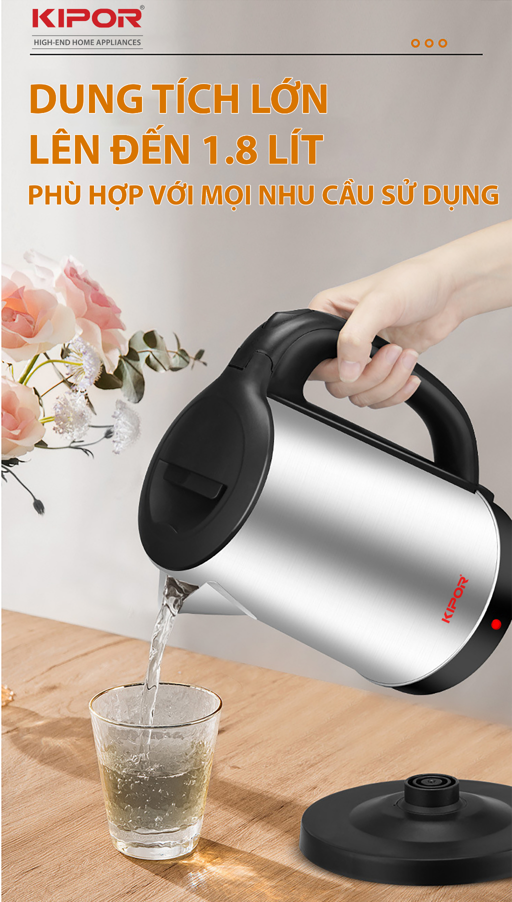 Mô tả Ấm siêu tốc KIPOR KP-A318SA dung tích lớn 1.8L - 1500W - Hàng chính hãng - Bảo hành tại nhà 12 tháng - 7