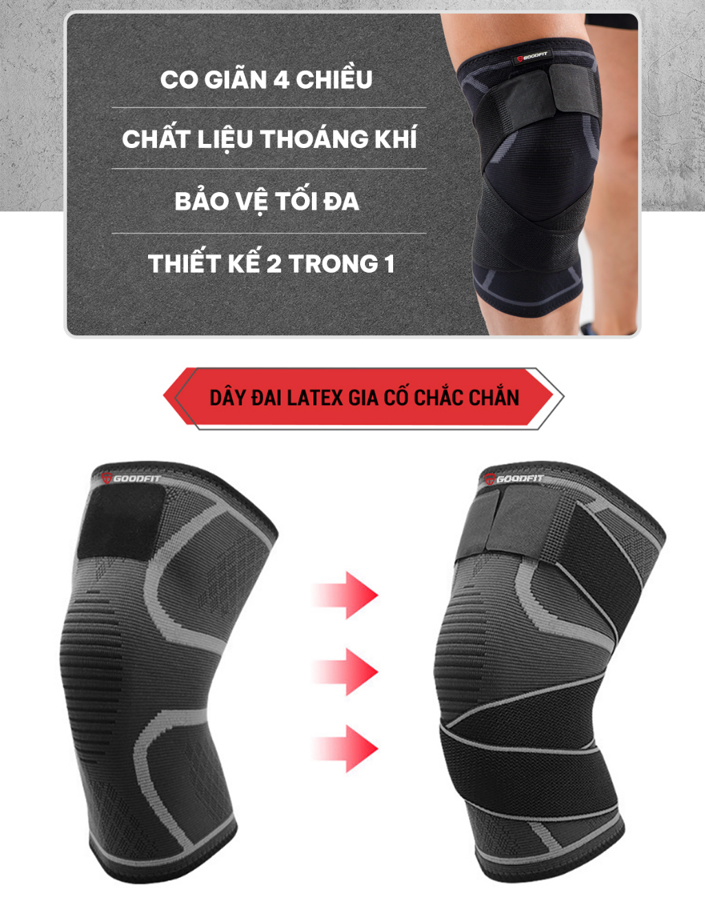 Mô tả Bó gối thể thao chính hãng GoodFit dày dặn co giãn 4 chiều, kèm dây quấn trợ lực chắc chắn GF511K - 2