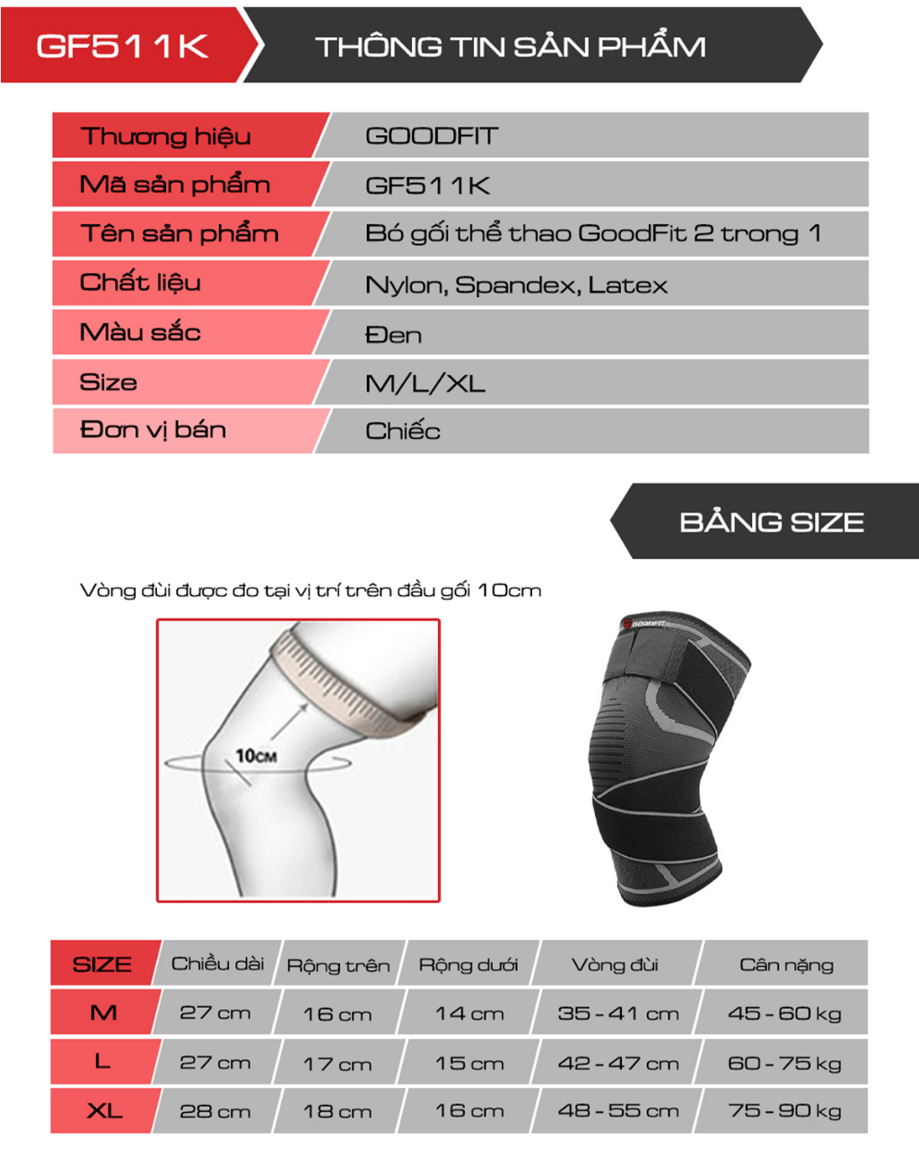 Mô tả Bó gối thể thao chính hãng GoodFit dày dặn co giãn 4 chiều, kèm dây quấn trợ lực chắc chắn GF511K - 12