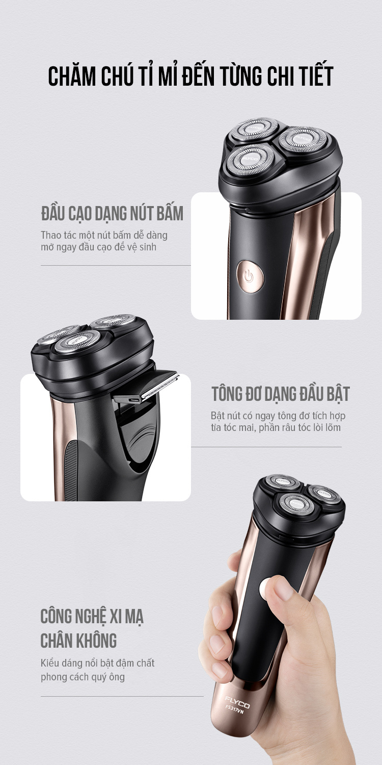 Mô tả Combo Máy Cạo Râu Flyco 3 Lưỡi Kép Kháng Nước FS317VN & Máy Tỉa Lông Mũi WL2604 - Hàng Chính Hãng - 9