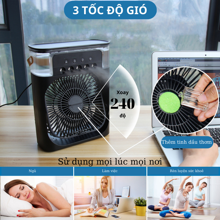 Mô tả Quạt điều hòa hơi nước mini HOKU máy lạnh mini 3 Chế Độ Tích Hợp Led, Sạc USB Để Bàn Tiện Dụng QDH02 - 2