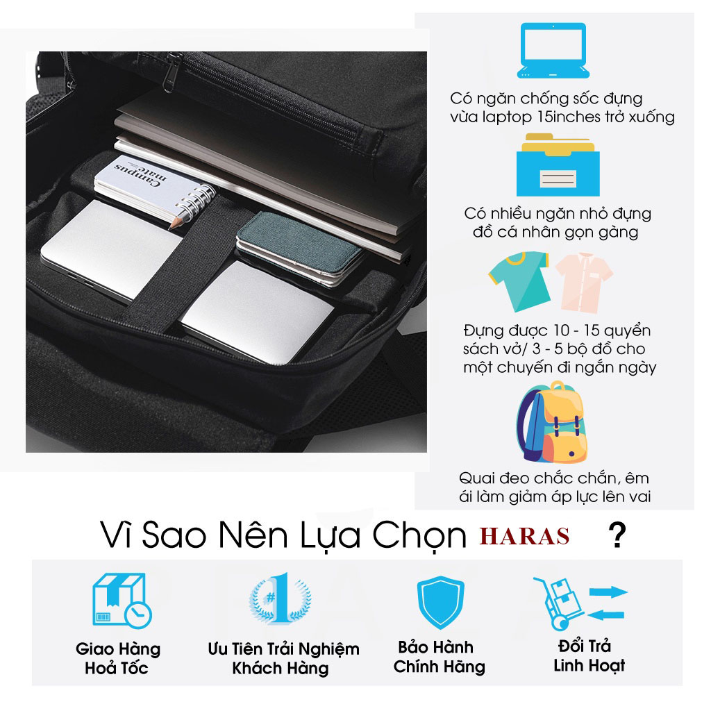 Mô tả Balo Nam Nữ Chất liệu Chống thấm nước HARAS Backpack HR335 - 3