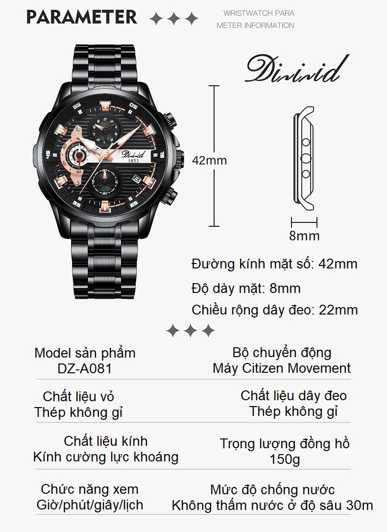 Mô tả Đồng hồ nam chính hãng DIZIZID dây thép không gỉ -Chống nước độ sâu 30m- Chạy full kim và lịch ngày-Kim dạ quang DZ-A081 - 5