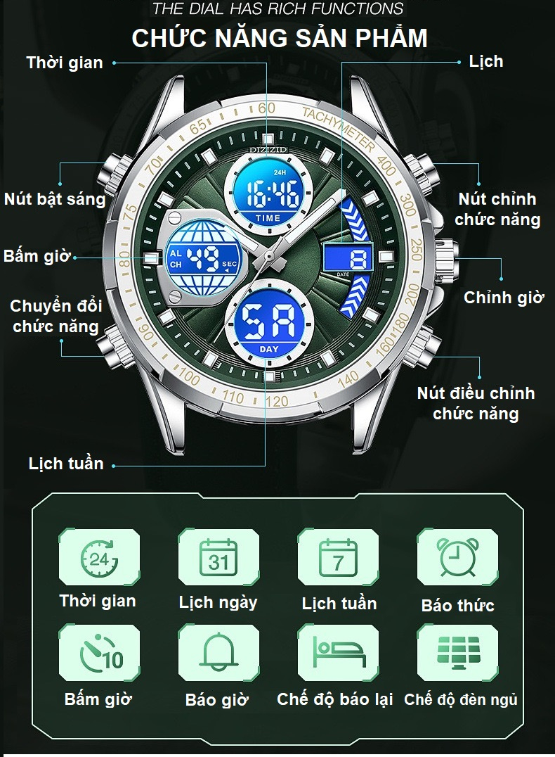 Mô tả Đồng hồ nam chính hãng DIZIZID Kim-Kỹ thuật số dây da thật cao cấp - Chống nước tốt - Đa chức năng - Thiết kế cá tính - 5