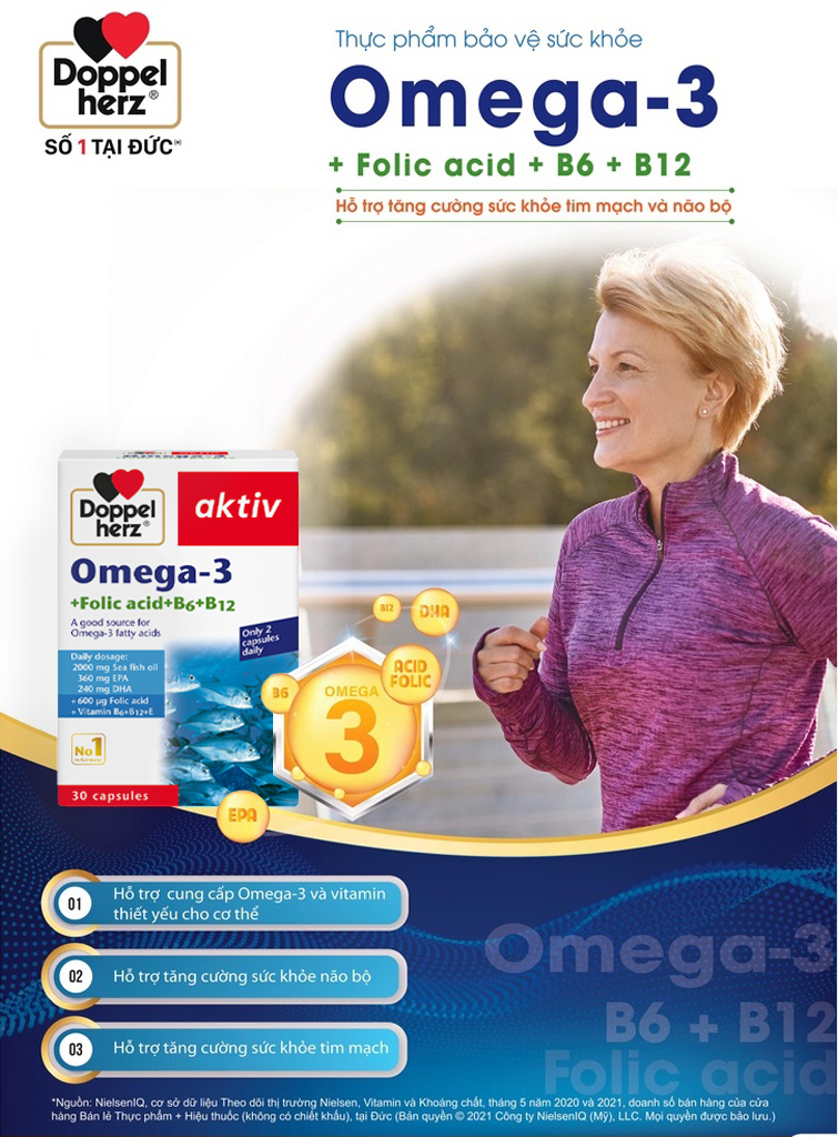 Viên dầu cá Doppelherz Omega 3 + Folic acid + B6 + B12 hỗ trợ tăng ...