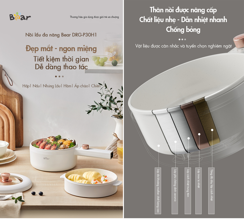 Mô tả Nồi lẩu đa năng 3L Bear DRG-F30H1 (kèm xửng hấp) - Hàng Chính Hãng - 1
