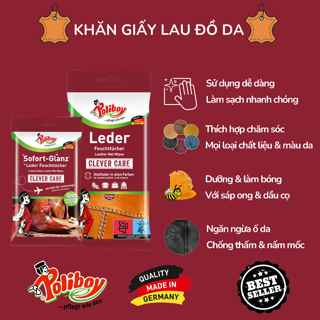 Mô tả Combo Khăn Ướt Lau Giày, Đánh Bóng Bốt Da POLIBOY Chống Mốc Túi Da, Làm Sạch Đồ Da, Dưỡng Túi Da, Gói 10 Tờ - 2