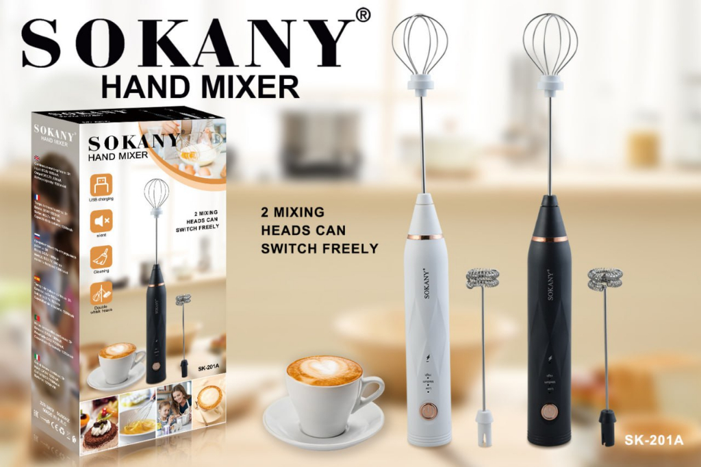 Mô tả Máy đánh bọt cà phê mini cầm tay, máy đánh trứng Sokany SK201A 3 cấp độ sạc pin USB tặng kèm 2 đầu khuấy và tạo bọt - 1