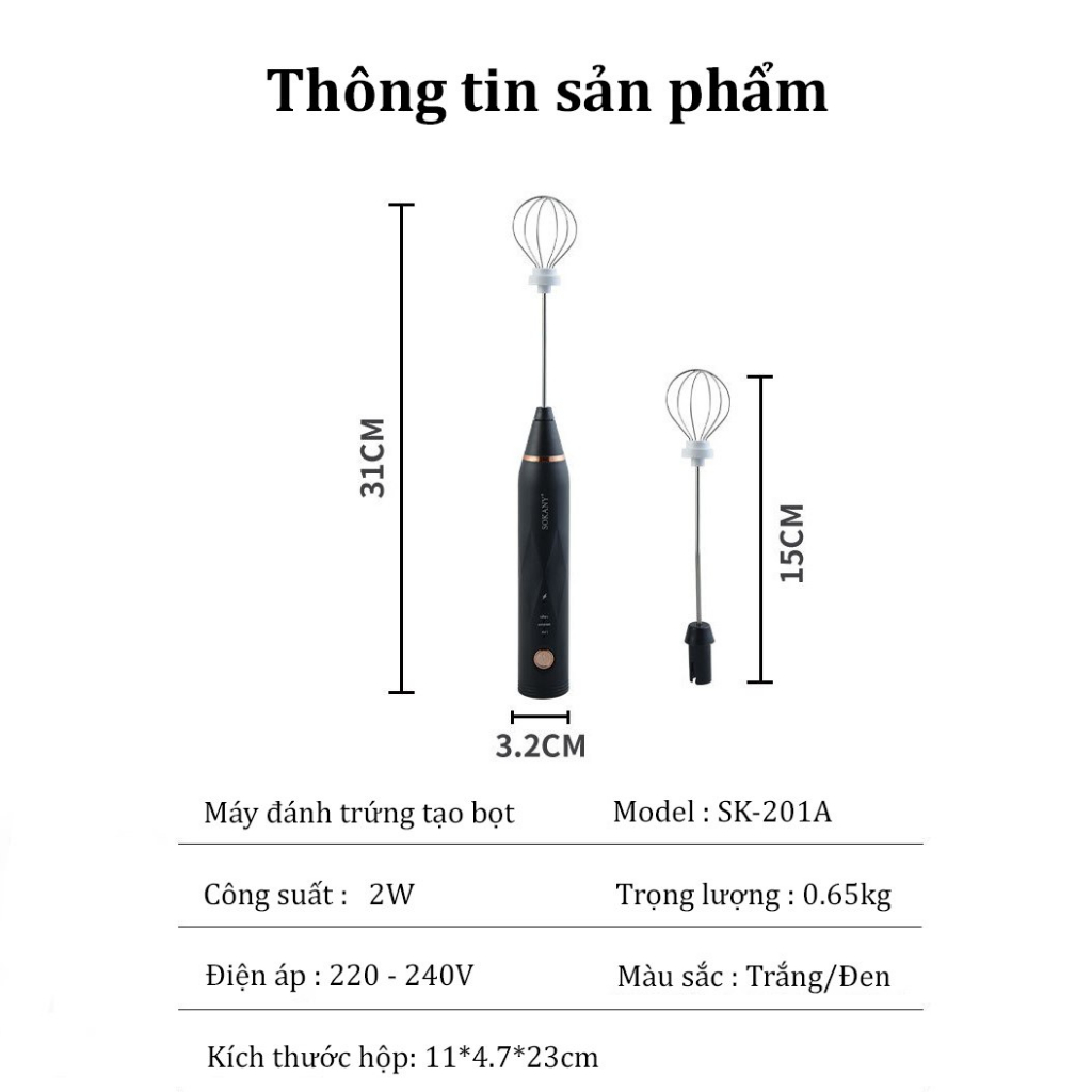Mô tả Máy đánh bọt cà phê mini cầm tay, máy đánh trứng Sokany SK201A 3 cấp độ sạc pin USB tặng kèm 2 đầu khuấy và tạo bọt - 2