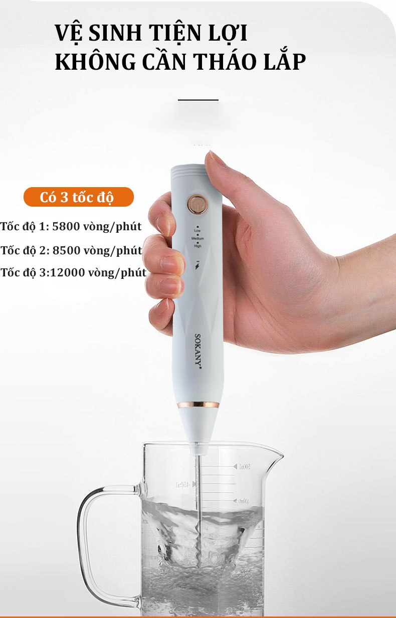 Mô tả Máy đánh bọt cà phê mini cầm tay, máy đánh trứng Sokany SK201A 3 cấp độ sạc pin USB tặng kèm 2 đầu khuấy và tạo bọt - 5