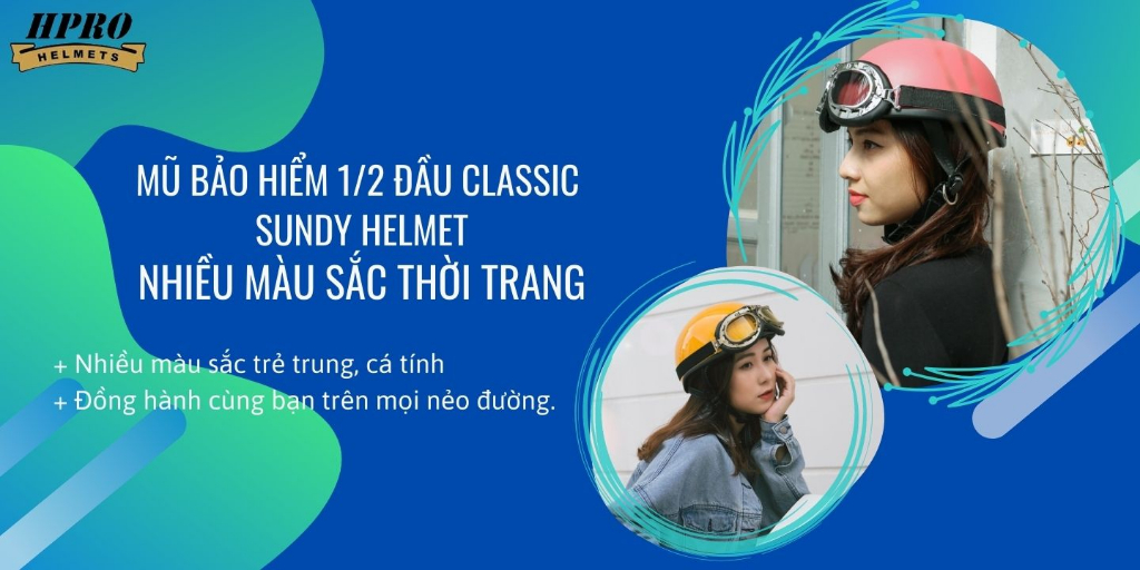 Mô tả Mũ bảo hiểm nửa đầu Hpro Helmets nhiều màu sắc thời trang, cá tính, kèm kính UV, phi công, Freesize (55-59cm) - 1