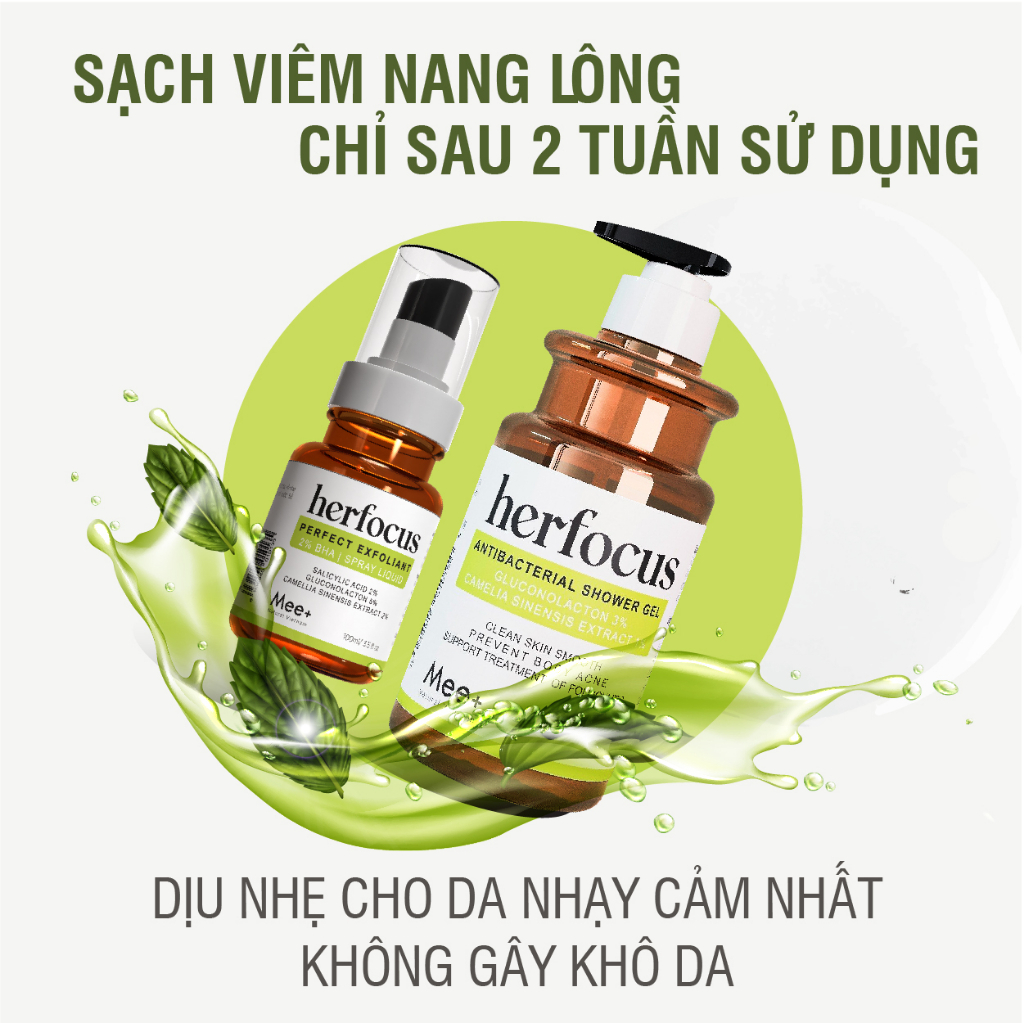 Mô tả Xịt viêm nang lông HERFOCUS 100ml + Sữa tắm viêm nang lông HERFOCUS 500ml - Bộ liệu trình viêm nang lông Mee Natural - 2