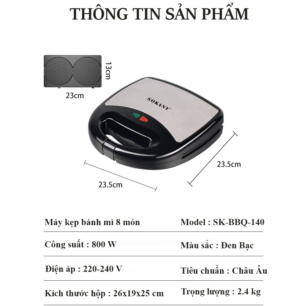 Mô tả Máy kẹp, nướng, làm bánh mì, bánh ngọt 8 khay đa năng 800W SOKANY SK-BBQ-140 hàng cao cấp [BẢO HÀNH 12 THÁNG] - 3