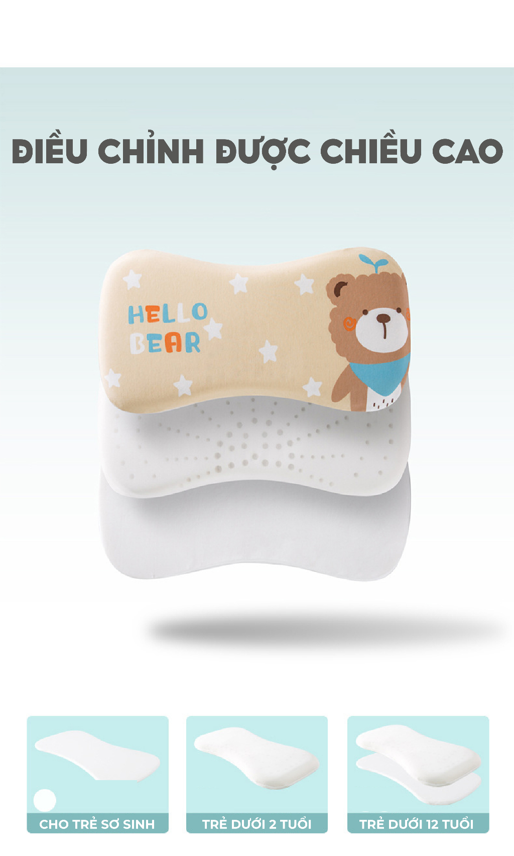 Mô tả Gối cao su non 1989KIDS SHOP cho bé từ 1 đến 12 tuổi 2 lõi tùy chỉnh độ cao mềm mại chống lệch xương cổ, mỏi vai gáy - 5