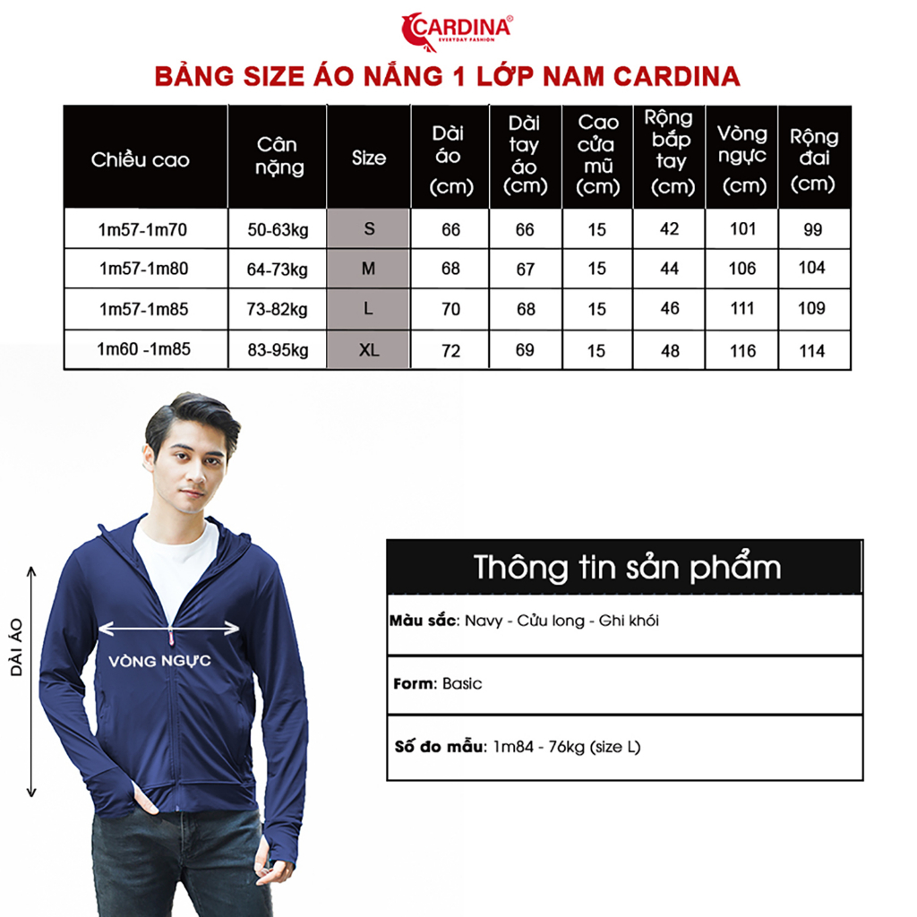 Mô tả Áo Chống Nắng Nam 𝐂𝐀𝐑𝐃𝐈𝐍𝐀 1 Lớp Chất Thun Lạnh AirCool Nhật Cao Cấp Chống Tia UV 2NM - 5