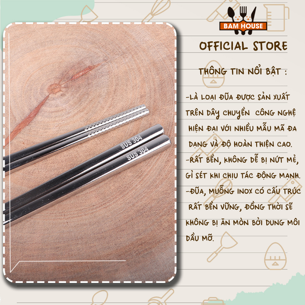 Mô tả Đũa inox 304 Bam House đũa chắc tay vân hoạ tiết chống trơn trượt lõi thép cao cấp DIN02 - 1 Đôi - 1
