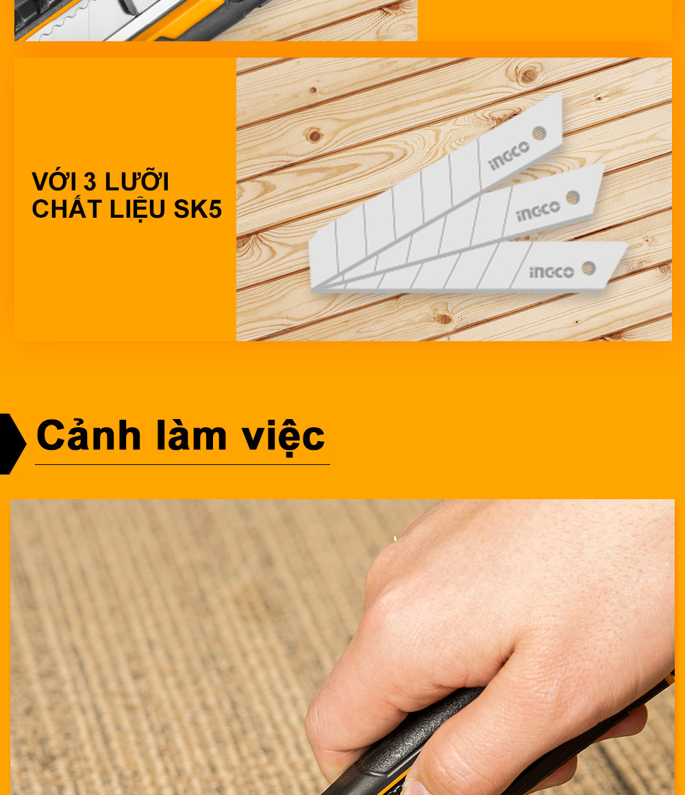 Mô tả Dao rọc giấy Ingco HKNS11815 x1 lưỡi dài 179mm | HKNS16538 | HKNS28035 x3 lưỡi dao 18mm x 100mm, chiều dài 169mm - 6