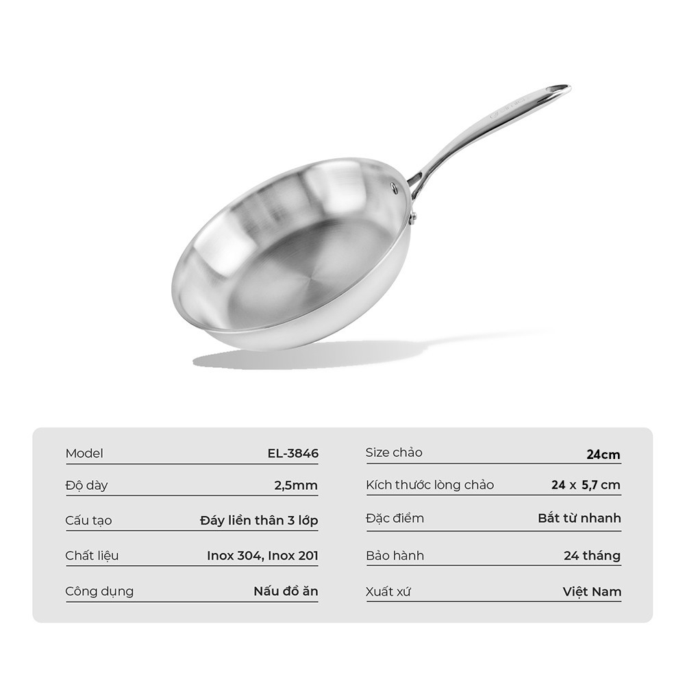 Chảo inox 3 lớp liền khối Elmich Trimax EL-3846OL size 24cm