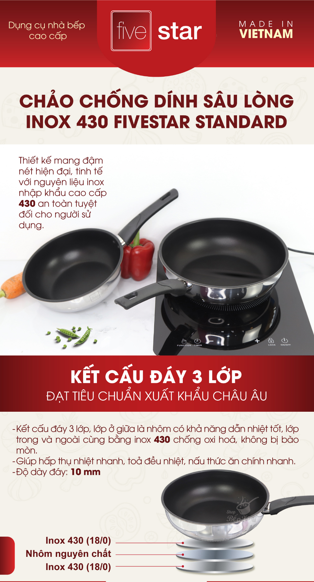 Mô tả Chảo Chống Dính Bếp Từ Sâu Lòng Fivestar 3 Đáy Cao Cấp , tặng 1 sạn dừa - 1