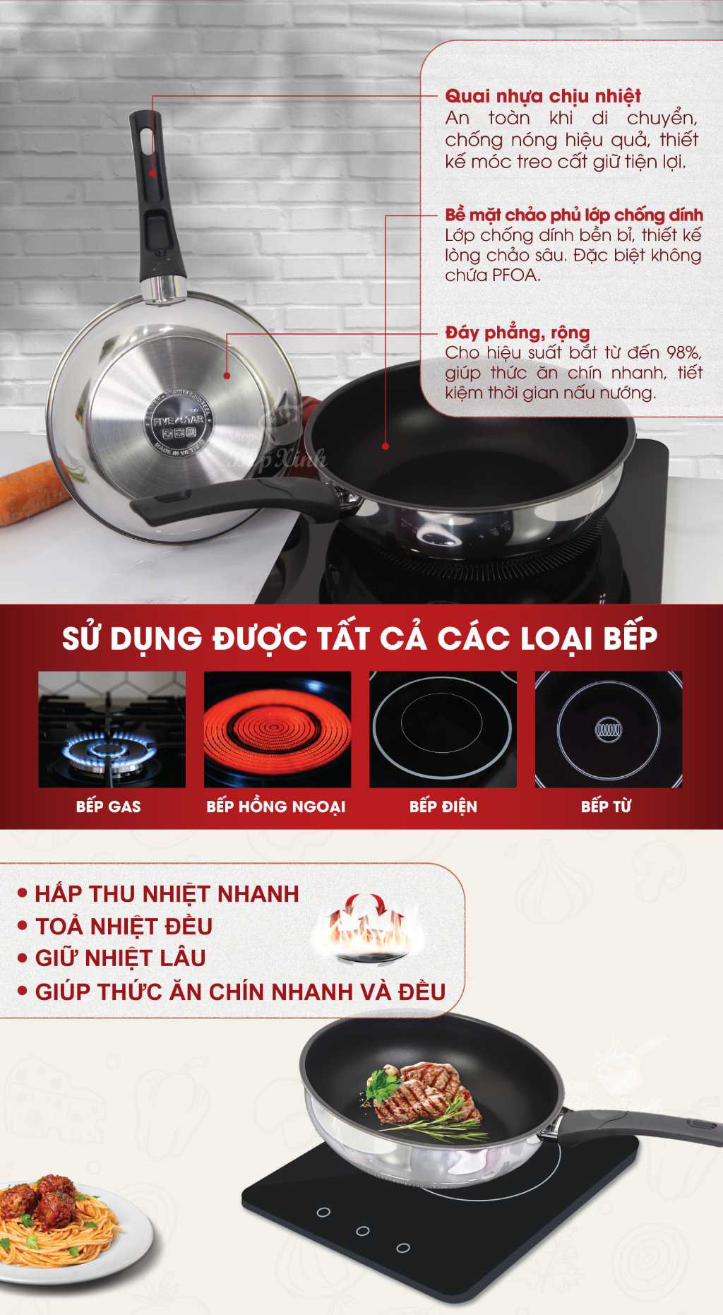 Mô tả Chảo Chống Dính Bếp Từ Sâu Lòng Fivestar 3 Đáy Cao Cấp , tặng 1 sạn dừa - 2