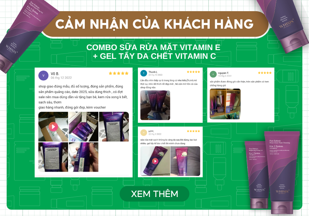 Mô tả Combo X2 Làm Sạch Sáng Da Mờ Thâm Dịu Nhẹ: Sữa Rửa Mặt Vitamin E WHISIS 120ml + Gel Tẩy Da Chết Vitamin C WHISIS 120ml - 2
