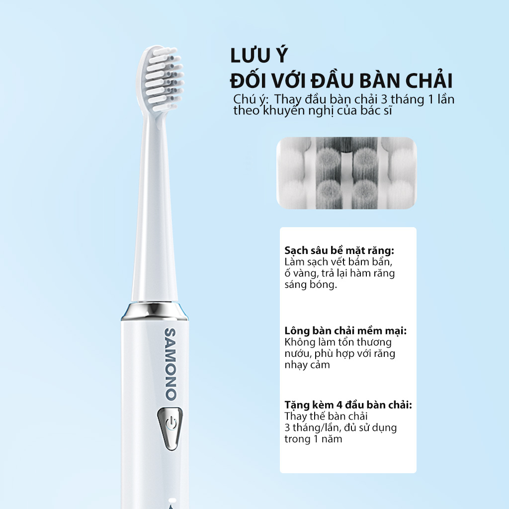 Mô tả Bàn chải điện Samono SW-ET01, 5 chế độ đánh răng cho người lớn và trẻ em, 4 đầu bàn chải thay thế mềm mại - 5