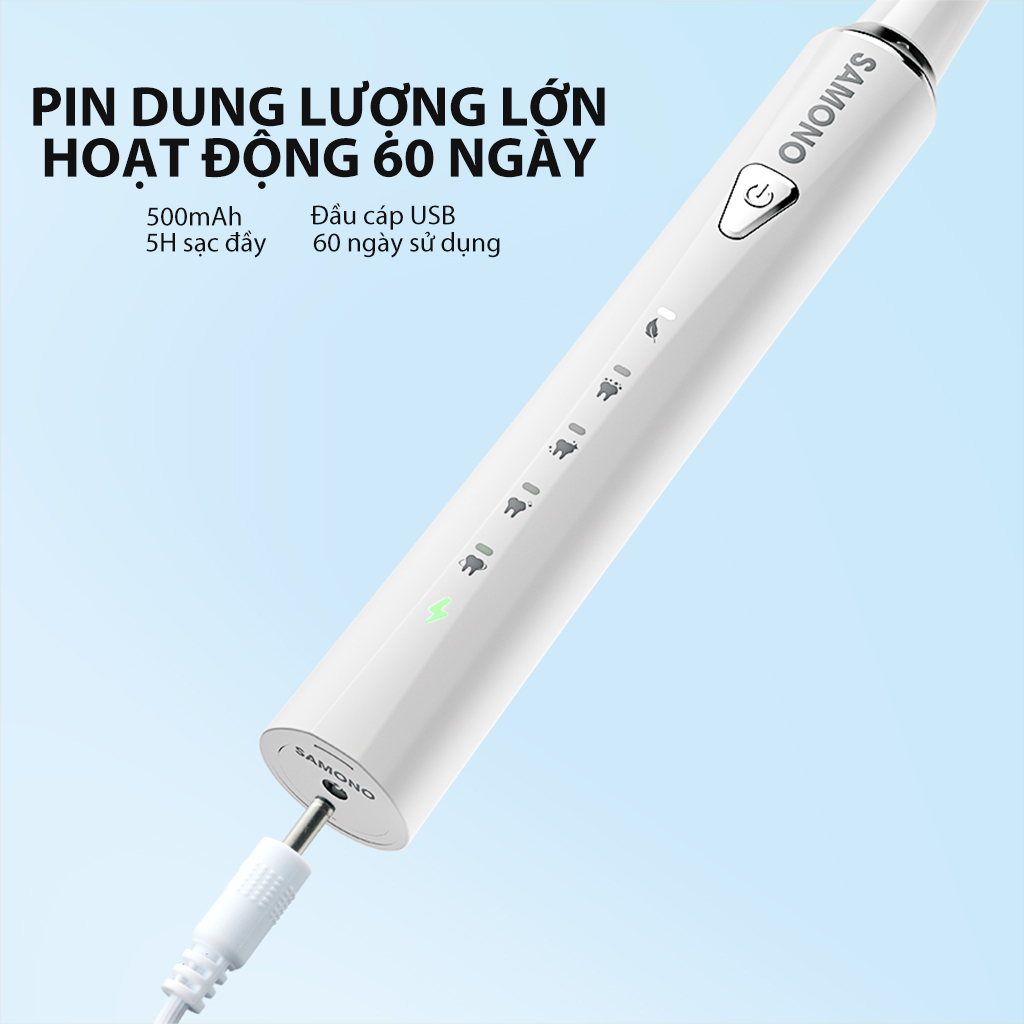 Mô tả Bàn chải điện Samono SW-ET01, 5 chế độ đánh răng cho người lớn và trẻ em, 4 đầu bàn chải thay thế mềm mại - 6