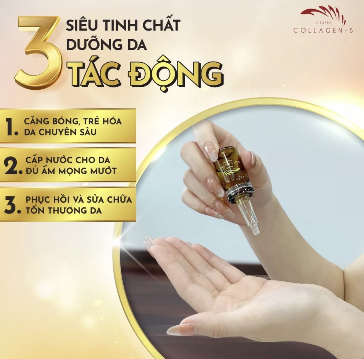 Mô tả Tinh chất collagen tươi Vieskin Collagen Gold Shine căng bóng da, làm đẹp, trẻ hoá da và chăm sóc môi sau phun xăm 7ml - 2