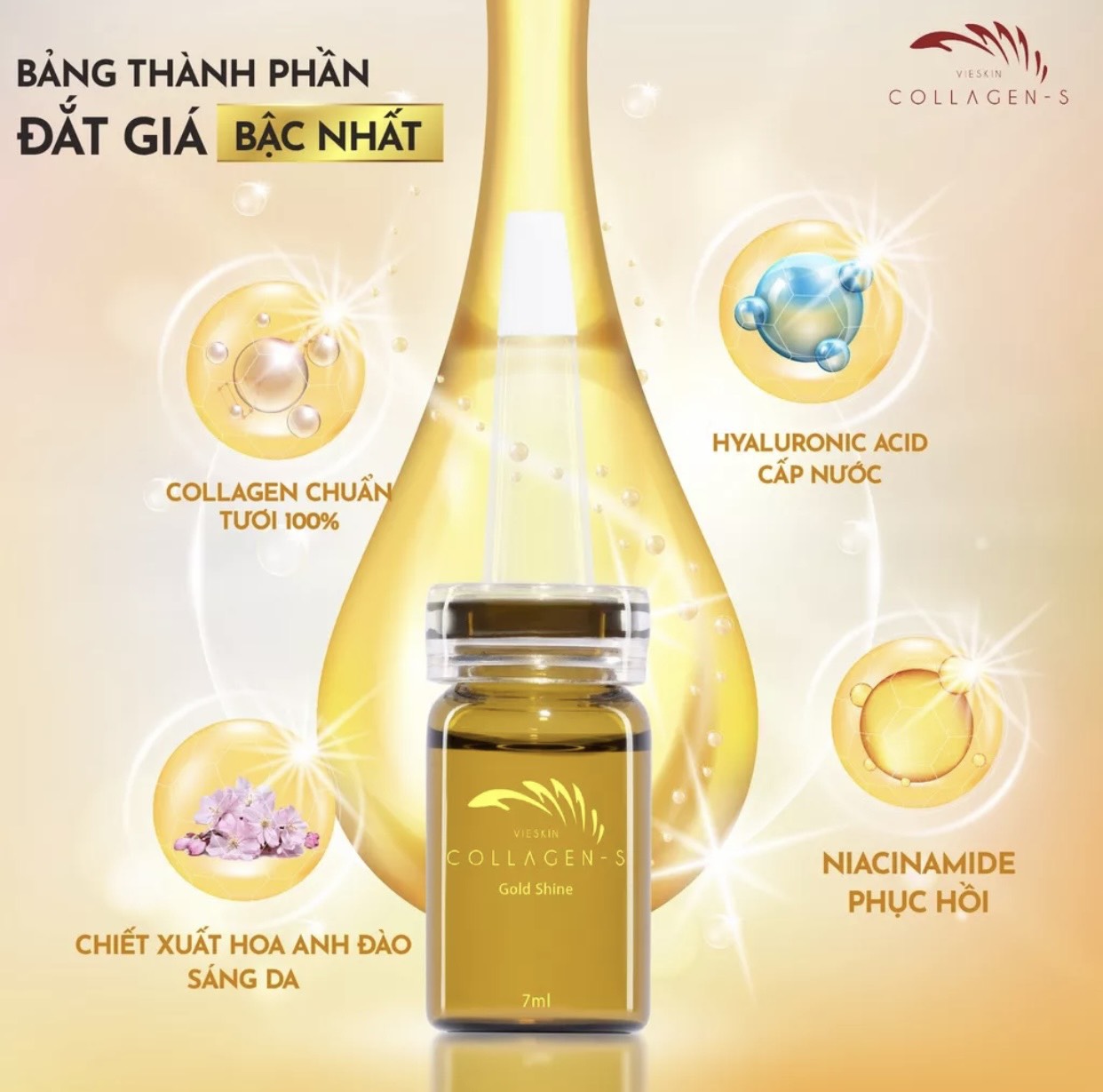 Mô tả Tinh chất collagen tươi Vieskin Collagen Gold Shine căng bóng da, làm đẹp, trẻ hoá da và chăm sóc môi sau phun xăm 7ml - 3