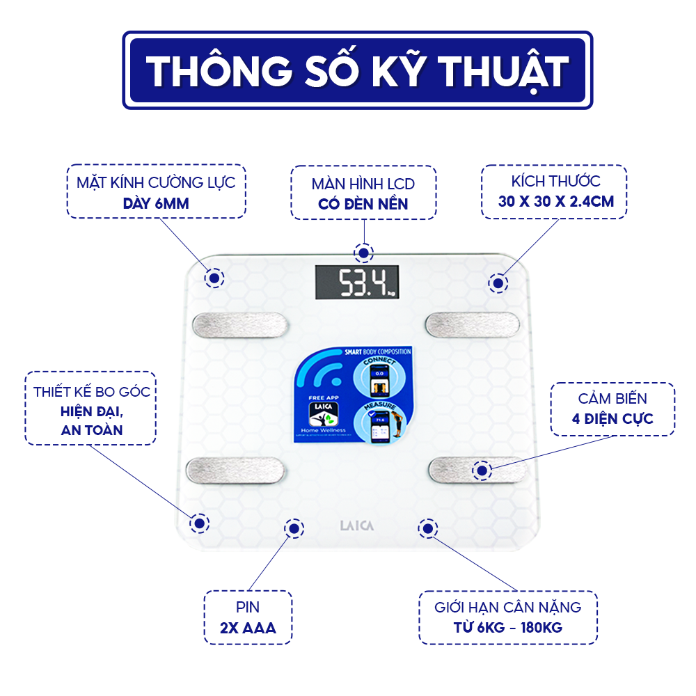 Mô tả Cân điện tử sức khỏe LAICA PS7011 đo 6 chỉ số, HOMCA S7 đo 14 chỉ số cơ thể kết nối bluetooth - 3