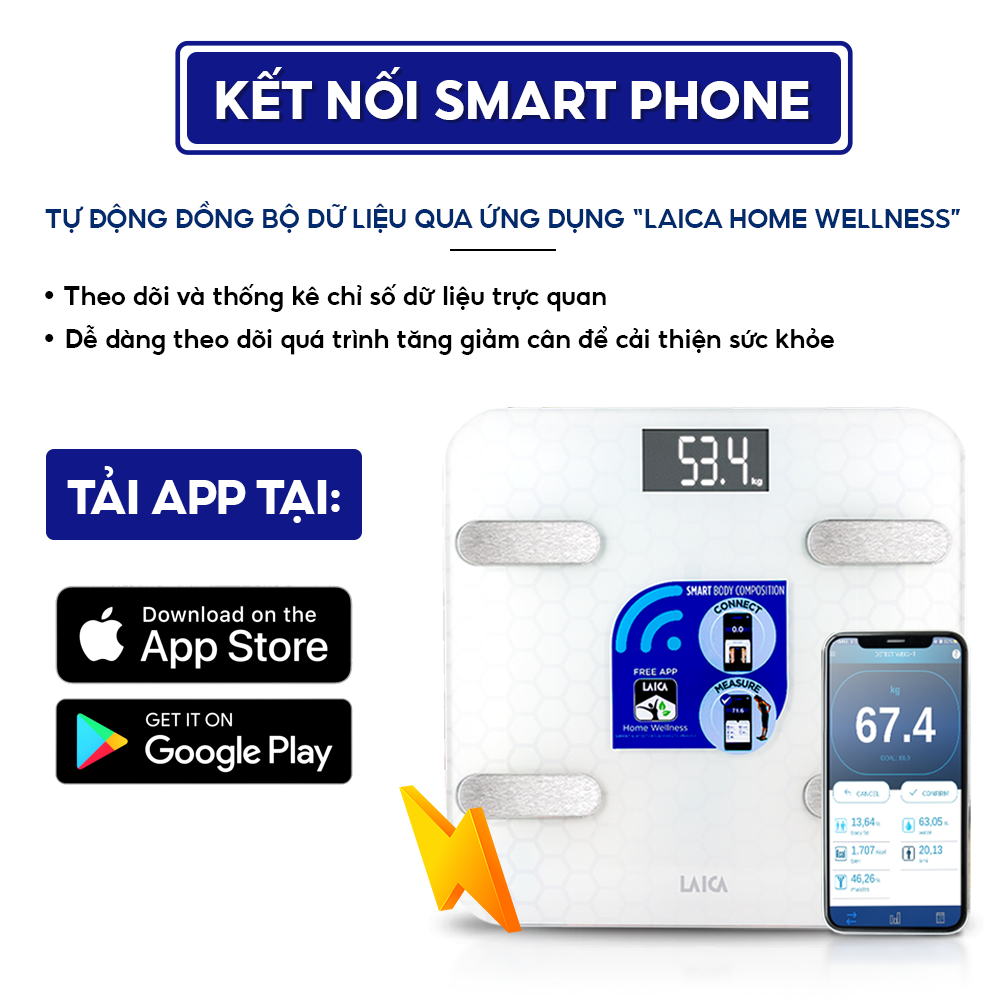 Mô tả Cân điện tử sức khỏe LAICA PS7011 đo 6 chỉ số, HOMCA S7 đo 14 chỉ số cơ thể kết nối bluetooth - 6