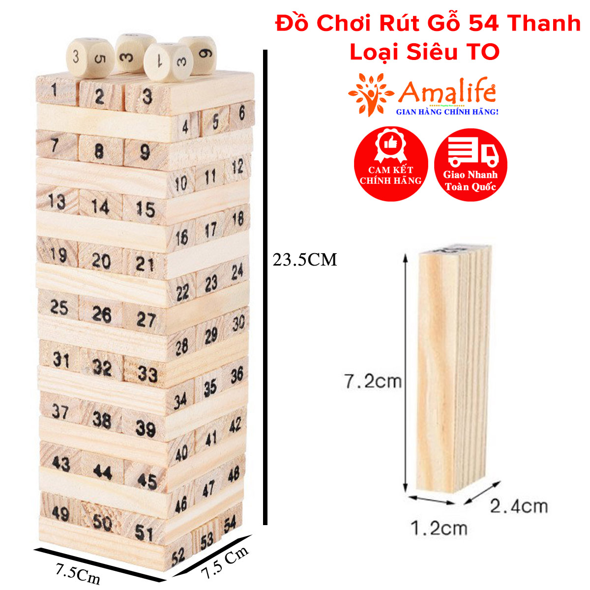 Mô tả Bộ Đồ Chơi Rút Gỗ Siêu TO Thanh Gỗ 72*24*12mm Cao Cấp 54 Thanh Tặng Kèm 4 Con Súc Sắc Cho Bé Chính Hãng Amalife - 1